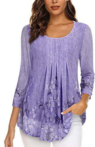 Gaharu Damen Bluse Elegant und Festlich Lang Blumendruck Bluse Doppellagig Bunt Frauen Tunika Bluse 3/4 Arm Blusenshirt Business Wasserfall Oberteil Atmungsaktiv Fließende Faltenbluse Lila Blumen,L