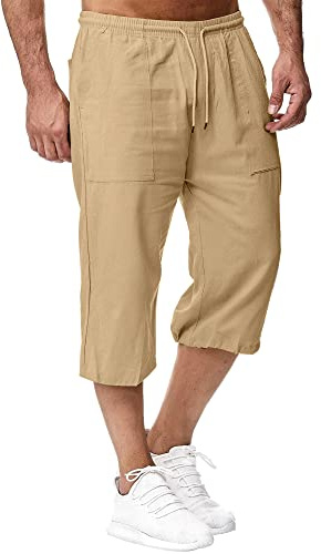 Sprifloral Mens Linen Shorts 3/4 Length Pants Summer Trousers Beach Yoga Joggers Casual Sweatpants Light Brown L