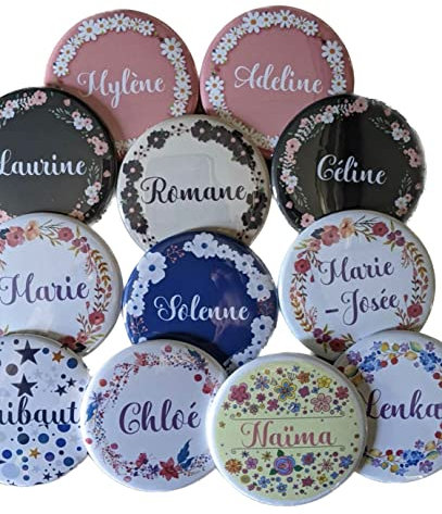 24 choix Couronne fleurs, coeurs, papillons, trefles - Grand badge/magnet/miroir/porte-clé décapsuleur personnalisé - 56/88 mms -