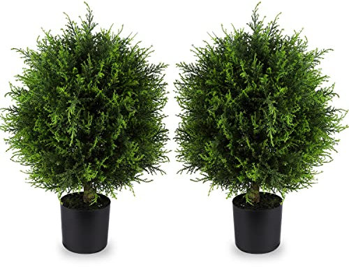 Künstlicher Topiary Zedernkugelbaum 50,8 cm künstliche Zedern-Topfpflanzen, künstliche Sträucher, Kugelbaum für drinnen und draußen, Heimgartendekoration (2 Stück)