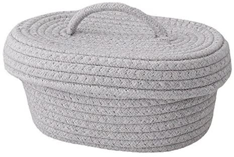 Mumusuki Schreibtisch-Aufbewahrungsbox mit Deckel, Handgefertigter Ovaler Baumwollseil-Deckel, Gewebter Kinderzimmer-Aufbewahrungsbehälter, Multifunktionaler Aufbewahrungskorb (Grau)