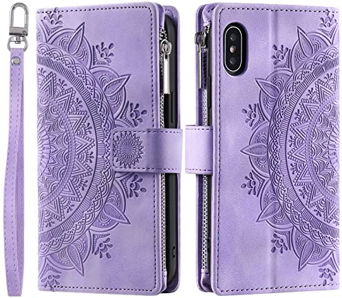 VEEMOS Wallet Case for iPhone X/XS Flower Flip Case Protective Leather Folio Book Phone Cover with Card Slots Kickstand Zipper Pocket - Purple