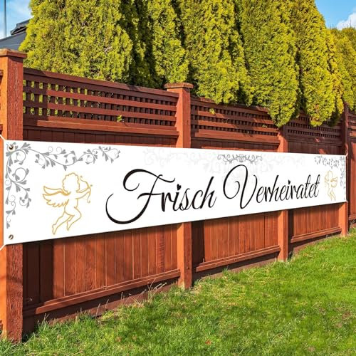 LAMEK Frisch Verheiratet Banner Hochzeit Banner 300x50cm Wedding Hintergrund Extra Lange Hochzeitsdeko Vintage Hochzeitszeremonie Hängende Deko für Paare Brautdusche Hochzeit