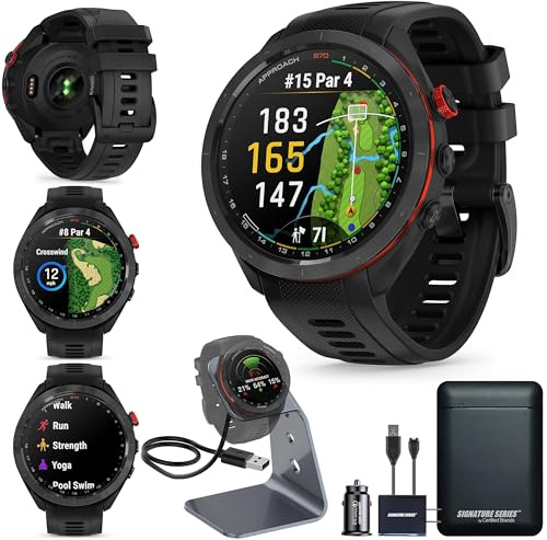 Garmin Approach S70 Golf-Smartwatch, Vollfarbiges CourseView-Karten-AMOLED-Display, erweiterte Shot-Ausführung und Putt-Ausrichtung, immersives Golferlebnis mit Signatur-Ständer-Power-Bundle