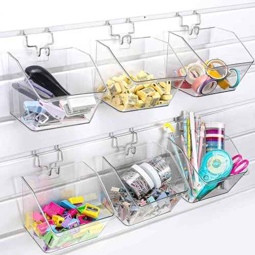 Layhit 6 Set Slatwall Bins Clear Plastic Bins with Slatwall Metal Hooks Mount Hanging Slatwall Containers Storage Organizer Slat Wall Accessories for Craft Garage Tool Storage Room Panel