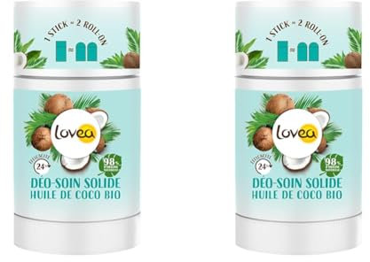 LOVEA - Déo-Soin Solide - Déodorant - Huile De Coco Bio - Efficacité 24h - 98% D'Origine Naturelle - Sans Alcool - Vegan - Certifié BIO - Fabriqué En France - 50 g (Lot de 2)
