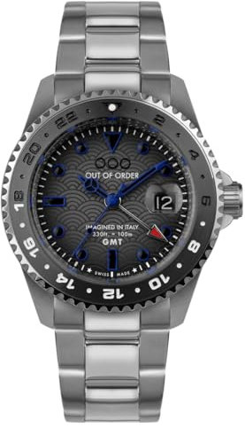 Out of Order GMT TOKYO ULTRA BRUSHED Stahl Swiss Quarz Blau Grau Datum Herrenuhr, Zeitgenössisch