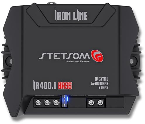 Stetsom IR 400.1 BASS 2 Ohms - Iron Line Digital Sub Amplifier, 2Ω Stable, Mono Car Audio, 400 Watts RMS, Compact Digital Amplifier, Full Range Sound Quality, Crossover, Bass Boost, for Subwoofers