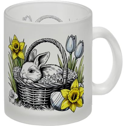 Osterhase im Osternest Glas Tasse Süßer Osterhase im Korb Tasse im Osterkorb-Design Osterglocken Blumen Tasse