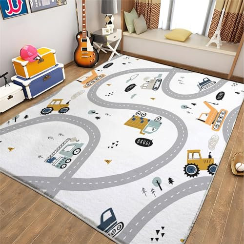 Cartoon-Bagger-Druck Waschbarer Teppich 80x150cm Wohnzimmer Schlafzimmer Kurzflor rutschfest Flauschig Weich Teppich für Familien mit Kindern Haustieren, Weiß Moderne Deko Teppiche