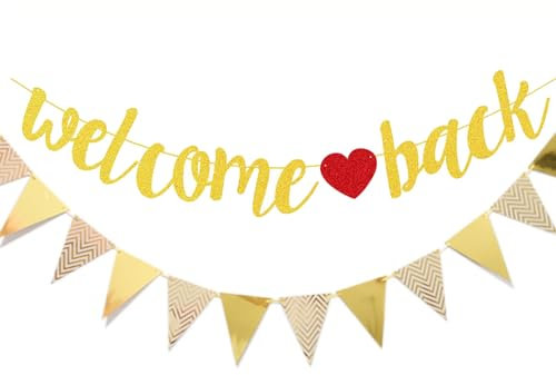 Glitzer Welcome Back Girlande mit Wimpel, Willkommen Zuhause Banner Gold, Papier Willkommen Zurück Girlande, Welcome Home Deko, Herzlich Willkommen Girlande für Einschulung, Klassenzimmer,Familie Deko