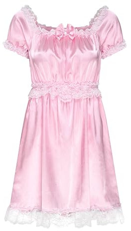 Satini Lingerie Satin efféminé Nuisette Volants Froufrou Dentelle Slip Complet Vêtements de Nuit Robe (Rose Clair, XL)