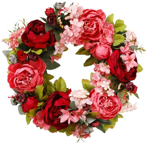Frühlings-Kranz Türkranz mit Blumen,Künstlicher Kranz Dekorativer Wandkranz, Haustürkranz, Dekoration für Frühling und Ostern Künstlicher Blumenkranz Pfingstrosenkranz dekorativer Kranz,Rote