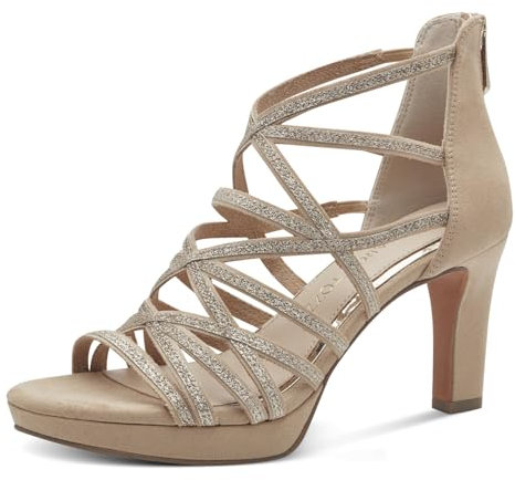 MARCO TOZZI Damen Sandalen mit Absatz Glitzer Vegan, Braun (Biscuit Comb), 38 EU