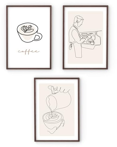 MJ-Graphics® Poster Kaffee Deko Küche One Line Art Bilder Küche Cappuccino Bild Küche, Küchenbilder Deko, Wanddeko Küche Poster Küche Wandbilder Küche, 3xA4, Küchen Bilder Wandbild Küche - ohne Rahmen