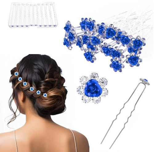 UHONEMY 25pcs Bridal Wedding Hair Pins with Crystal Rose Flower Crystal Diamante Rose Flower Rhinestone Hair Pins Clips for Bridal Wedding Women Hair Jewelry Accessories (Blue)