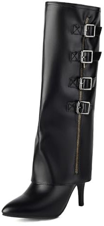 Stivali al Ginocchio Stivali da Donna con Punta a Punta Stivali con Tacco Sottile Décolleté Cerniera Laterale Fibbia per Cintura Indossare con Abito Jeans Altezza Tacco 6 CM