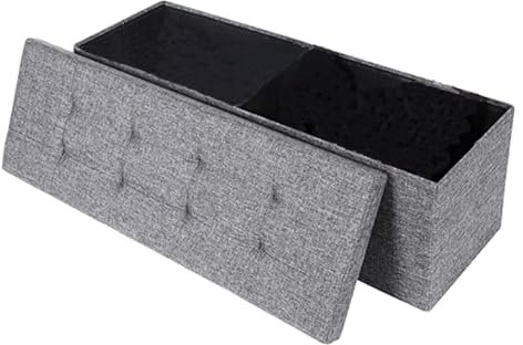 Telazun Grey Ottoman Storage Box Folding Seat Footstool Storage Boxes, 110 x 38 x 38 cm Padded Foldable Bench, 120L Capacity, Linen Toy Chest Foot Stool with Lid for Bedroom, Living Room