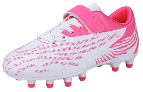 JABASIC Bambini Firm Ground Calcio Tacchetti Ragazzi Ragazze Atletico Scarpe da Calcio (27EU,White Pink)