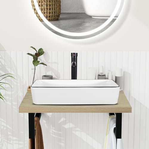 YU YUSING Ensemble de Meubles de Salle de Bain avec Lavabo 60cm, Plan de Toilette Suspendu sous Lavabo, Etagère Mural Ouverte 2 Porte-Serviettes, Support Vasque, Vasque à Poser, Robinets(Blanc)