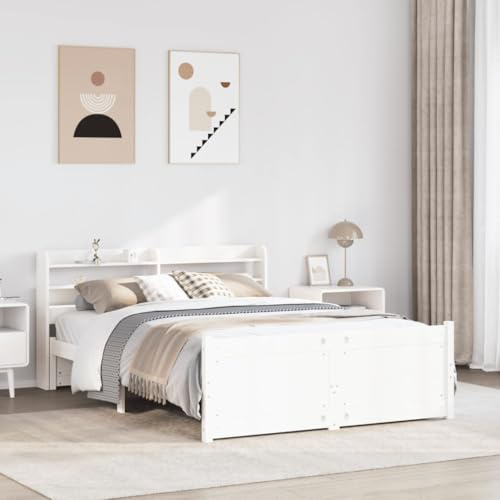 vidaXL Bed Frame with Headboard - Double Pine Wood Bed 135x190 cm with Storage Shelves - White