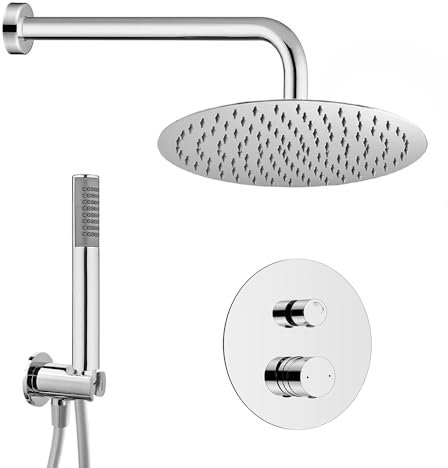 Set doccia incasso cromo con braccio 35 e soffione 25 cm, kit doccia con doccino in ottone, presa acqua e supporto, GEMINI