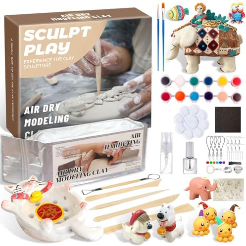 Gohytal Kit de Poterie pour Débutants, Ensemble Céramique à Modeler à la Maison avec Outils, Peintures Acryliques et Emporte-Pièces Loisir Créatif DIY pour Adultes et Enfants Cadeau Artistique