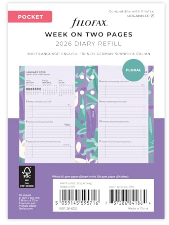 Filofax Kalender Pocket Illustrated Diary Floral 1 Woche auf 2 Seiten (mehrsprachig) 2026