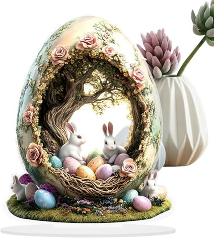 Misaakoeq Häschen im Eierhaus-Statue, Acryl, 2D, flach, Kaninchen im Eierhaus, Ostern, Landhausstil, handgefertigt, Frühlingshandwerk für Zuhause, Innendekoration