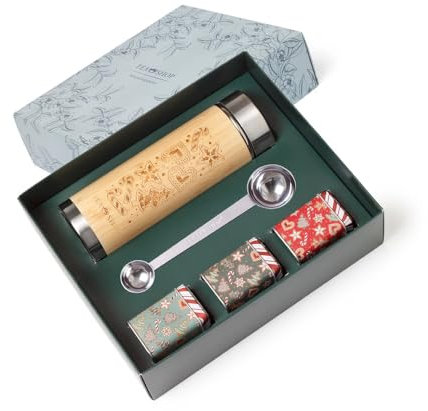 TEA SHOP - Pack Termo de bambú y acero inoxidable con filtro y cierre hermético + Cuchara medidora + 3 tipos de té - Set Tea Time Travel Gingerbread - Perfecto para Regalo