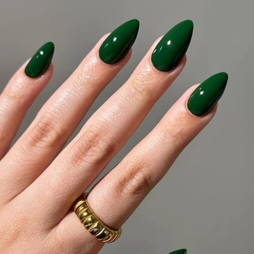 Ceboic Dark Green False Nails Medium Almond French Tip Press on Nails Acrylic Gel Fake Nails Classic Solid Color Removable Full Cover Stick on Nail for Women Girls DIY Manicure Decoration 24 Pcs