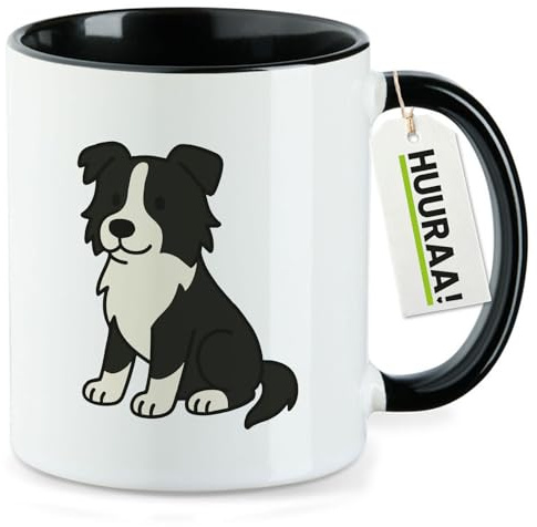 Huuraa Kaffeetasse Border Collie Border Comic Geschenk | Motivtasse 330ml Schwarz Keramik Tasse mit Spruch Kaffeebecher Geschenkidee Becher mit Motiv