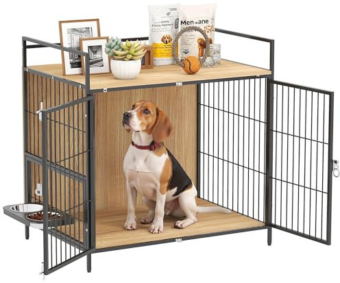 PawHut Jaula para Perros Mesa Auxiliar Moderna Casa para Mascotas con Soporte Giratorio con 2 Tazones 2 Puertas y Estante de Almacenamiento Superior para Perros Medianos 80x56x76,5 cm Roble