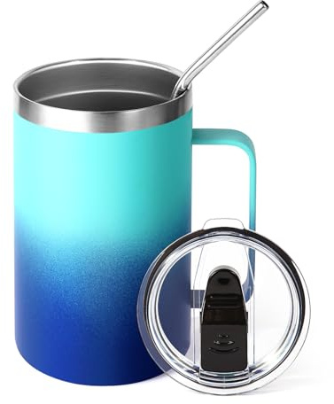 Volhoply 470ml (16oz) Insulated Coffee Mug with Lid and Straw, Stainless Steel Travel Mugs with Handle, Double Wall Vacuum Leak Proof Coffee Tumbler Cup (Green Blue,1)