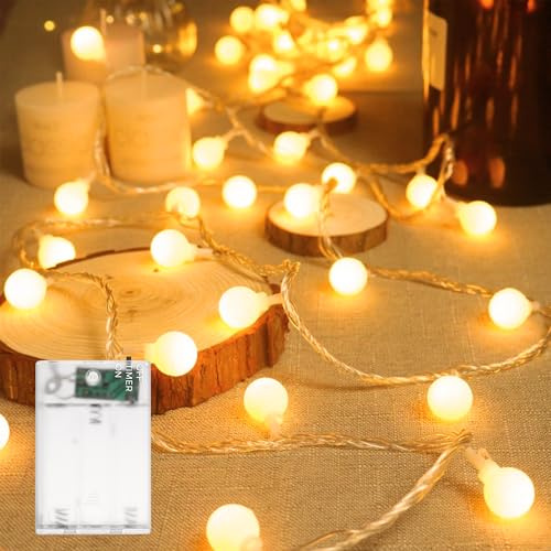 Flaspar 6M 40 LED Globe Lichterkette Batterie mit Timer, Kugel Lichterkette mit 6h Timer, Warmweiß Wasserdicht Lichterketten für Innen Aussen Weihnachten Party Hochzeit Valentinstag Deko