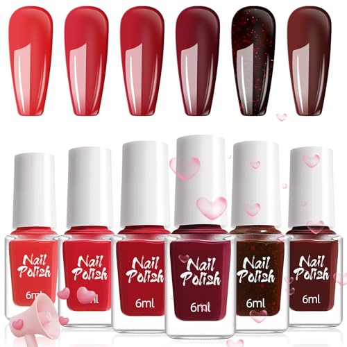 Red Nail Polish Set - 6Pcs Quick Dry Nail Varnish - Bright red, Cherry, Glitter, Maroon Christmas Nail Polish Set - Chip Resistant Breathable Nail Varnish Kit for Women