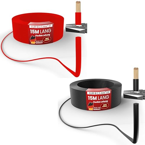 MAS Premium FLRY-B 1,5 oder 2,5 mm² Fahrzeugaderleitung 5-100m KFZ Kabel Einsatz in elektrischen Anlagen von Fahrzeugen 2st. Set (Rot + Schwarz) (FLRY-B 2,5 mm², 15m)
