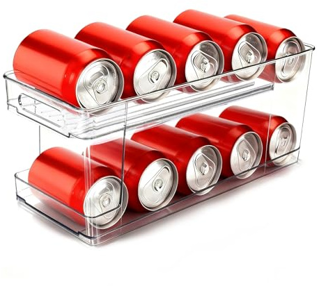 SUNNYNEST 1PC 2-Tier Rolling Can Dispenser Soda Fridge Organizer Storage | 2-tier rolling can dispenser for 330ml & 355ml cans, easy-load space-saving organizer for fridge, kitchen& bar storage.