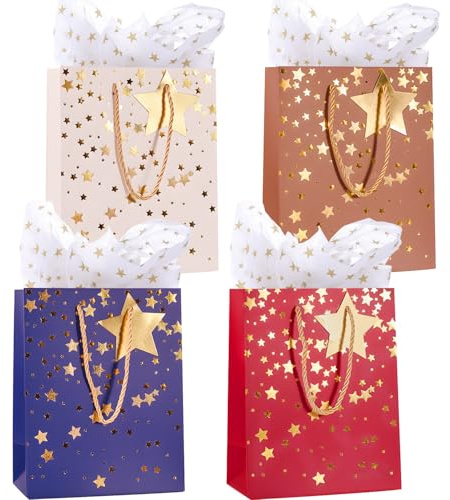 4Pack Medium Gift Bags with Tissue Paper,4 Color,18 x 23 x 10CM | With Gift Tags for Women,Men's Birthday,Christmas,Thanksgiving,Small Business,All Occation