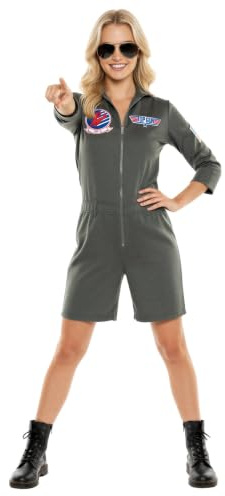 Maskworld Original Top Gun Kostüm für Damen Größe S – Olivgrüner Playsuit mit Patches – Lizenziertes Piloten-Outfit (Kurz) für Karneval & 80er Mottoparty