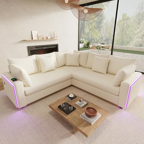 BTM Corduroy L Form Ecksofa mit LED, Kissen & USB‑Ladeanschluss, Modernes Wohnzimmer 5 Sitzer Sofa Couch Beige