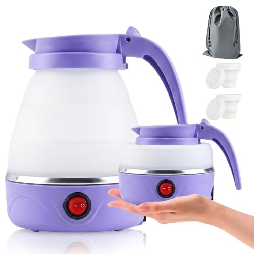 Sifxouped Hervidor de agua plegable de 0,6 L, 750 W, hervidor de agua de viaje con base de acero inoxidable, tetera de silicona para camping con apagado automático, portátil para senderismo al aire