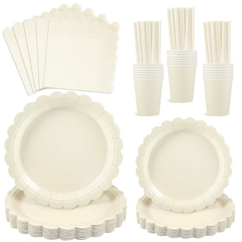 NatNarr 125 Pcs Cream Paper Plates and Napkins, Ivory Party Supplies | Include Beige 7 Party Plates and 9 Dinner Plate Scalloped Napkins Cups Paper Straws for Baby Shower, Wedding, Birthday