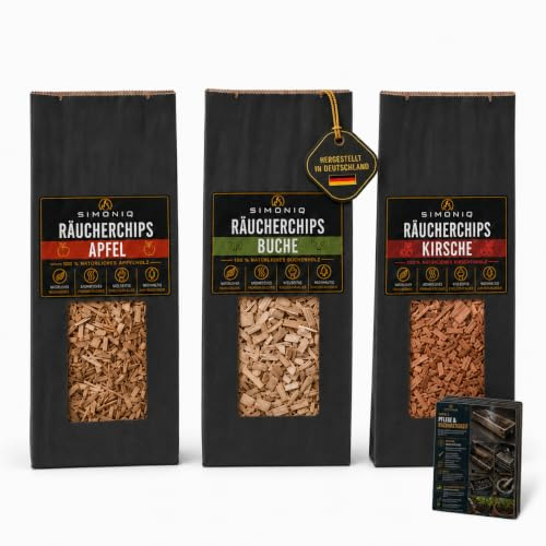 SIMONIQ Premium BBQ Räucherchips Mix 3er Set für das perfekte Raucharoma – sehr rauchaktives Räucherholz/Holzhackschnitzel – Vorteilspack 3X 500g Beutel