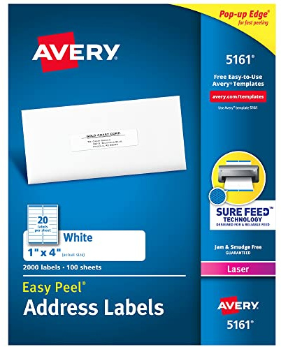 Avery Easy Peel Printable Address Labels with Sure Feed, 1 x 4, White, 2,000 Blank Mailing Labels for Laser Printers (5161)