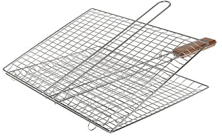 Ruecab 1091 - Barbeque con Doppia Griglia, Manico in legno, Accciaio Inox, Argento, 2 x 34 x 43