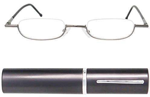 Schmale Metall Mini Halbbrille Lesebrille, Edelstahl Rahmen (Graphit), mit Gratis Slim-Fit Alu Etui, Lesehilfe Damen und Herren +2.5 Dioptrien