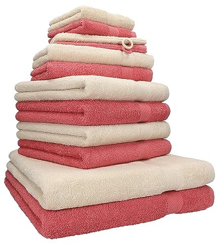 Betz 12-TLG. Handtuch Set Premium 100% Baumwolle 2 Duschtücher 4 Handtücher 2 Gästetücher 2 Seiftücher 2 Waschhandschuhe Farbe Sand/Himbeere