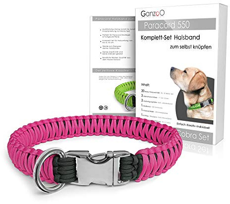 Ganzoo Paracord 550 Knüpfset Hunde-Halsband DIY Bastelset, Farbe Magenta, Nylon Typ 3 4 mm mit 7 Kernsträngen, 2 Metall-Klickverschlüsse 1 Zoll, D-Ring aus Stahl 40 mm, Anleitung per Link oder QR-Code