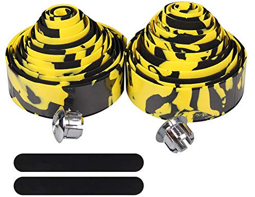 ZOOENIE 1 Paar Road Fahrrad Lenker Bänder Lenkerband, Griffband für Rennrad, Radfahren Griff Wraps, mit Bar End Plugs Radfahren und Straßenrennen incl. Klebestreifen, TarnungColor (Gelb+Schwarz)